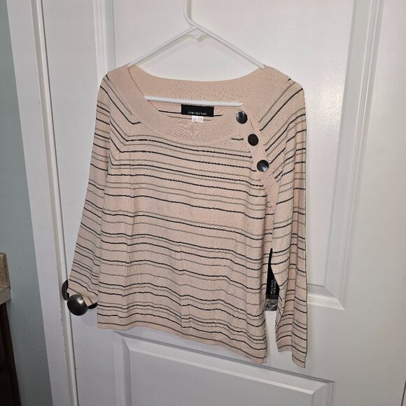 Jones New York Blouse Tan Green Black Stripe Button Detail NWT Size Large- flaw - Picture 1 of 6